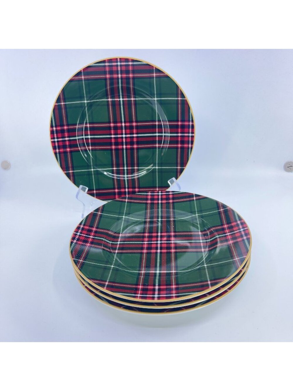 222 fifth wexford green tartan plaid porcelain salad plates gold rim set of 4